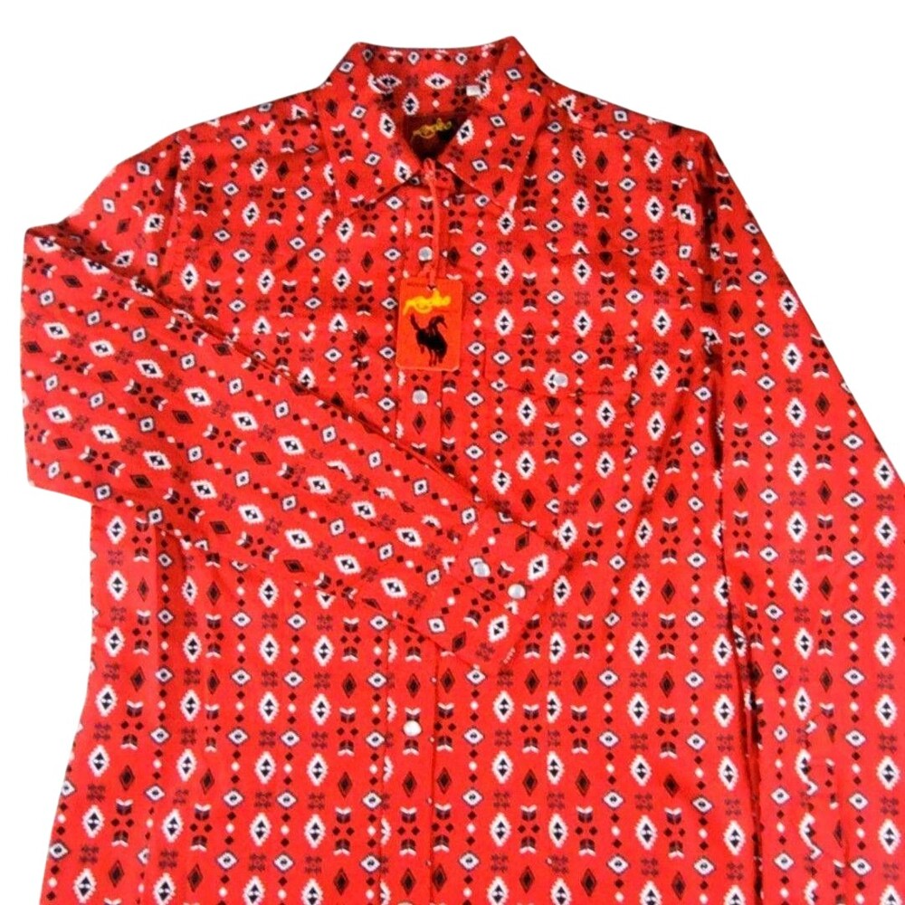 Rodeo Clothing Co Shirt Small Red Geometric Long Sleeve Snap Front Western